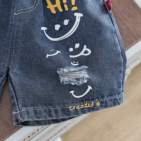 Boys Light Grey Short Sleeves T-Shirt With Printed Denim Shorts Set Sets
