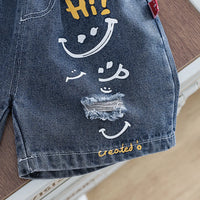 Boys Light Grey Short Sleeves T-Shirt With Printed Denim Shorts Set Sets