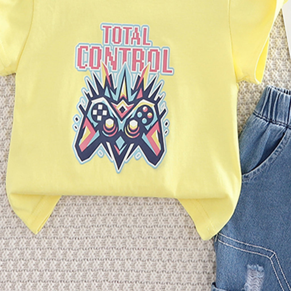 Boys Yellow Joystick Printed Short Sleeves T-Shirt With Denim Shorts Set 2 pc. Sets