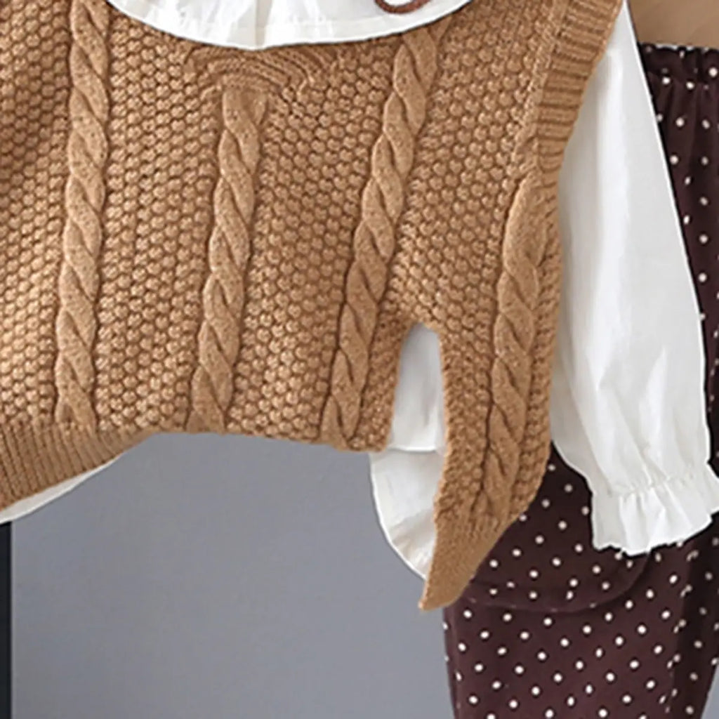 Girls Khaki Self-Design Sweater Vest With Top & Polka Printed Jogger Sets Sets