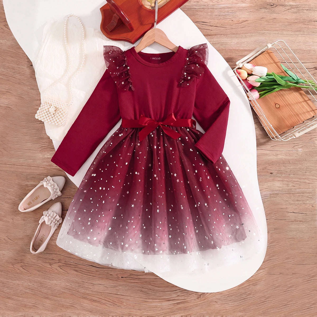 Girls Burgundy Star Foil Print Long Sleeve Fit & Flare Dress Casual Dresses burgundy 3-4 Y