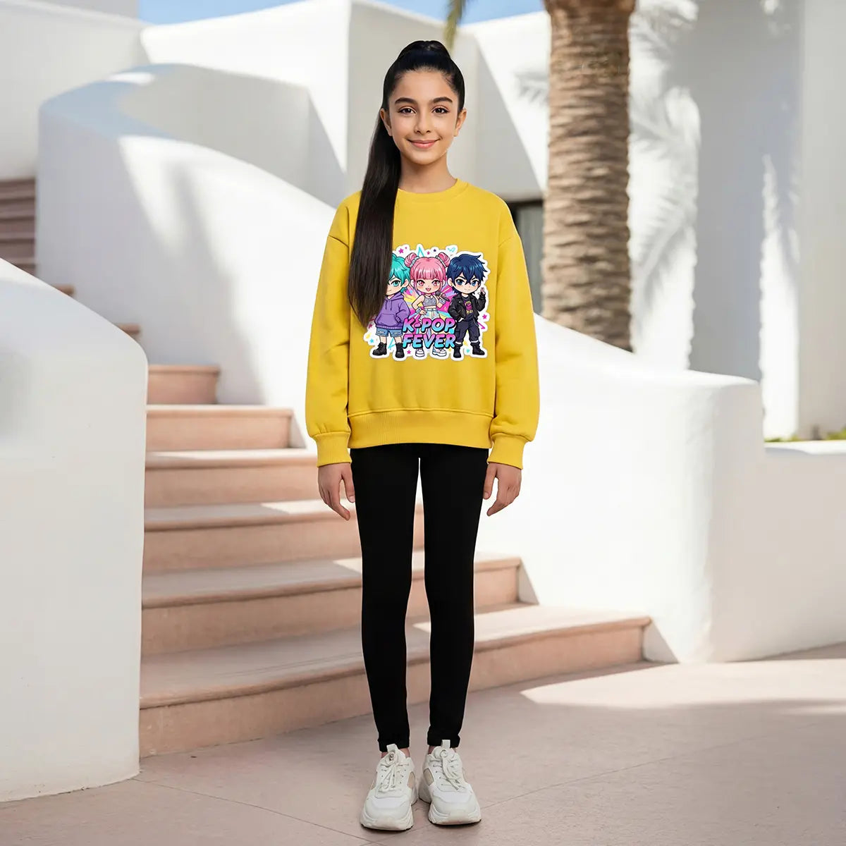 Girls Yellow K-Pop Fever Graphics Sweatshirt Sweatshirts & Hoodies Yellow 2-3 Y