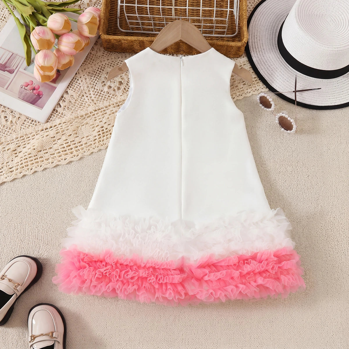 Girls Pink Mesh Ruffle A-line Party Dress Party Dresses