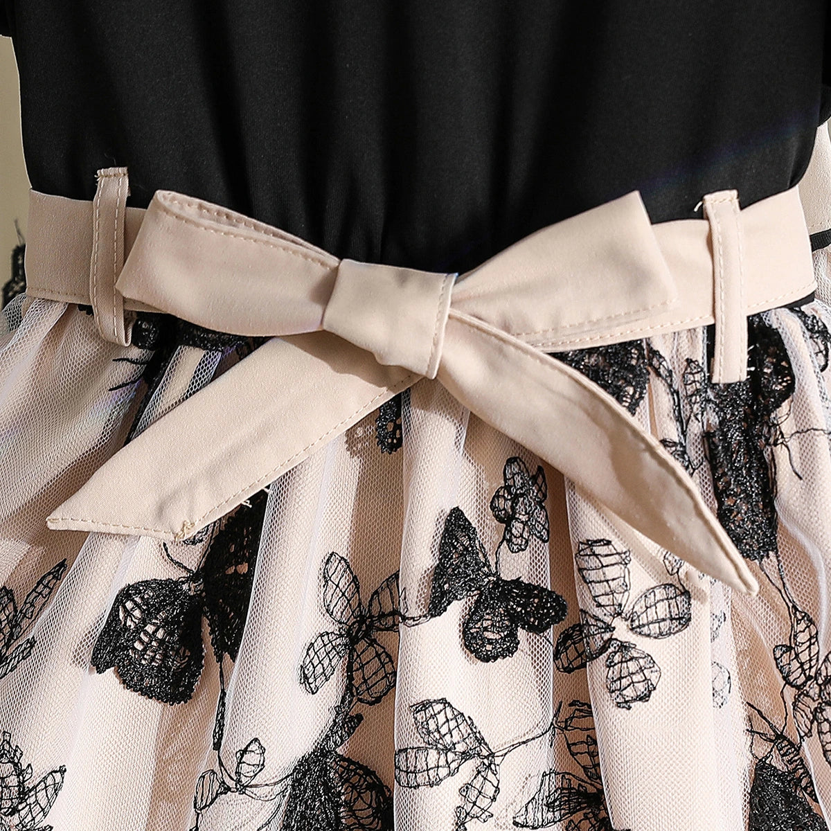 Girls Black Embroidered Tulle Overlay Fit & Flare Dress Casual Dresses