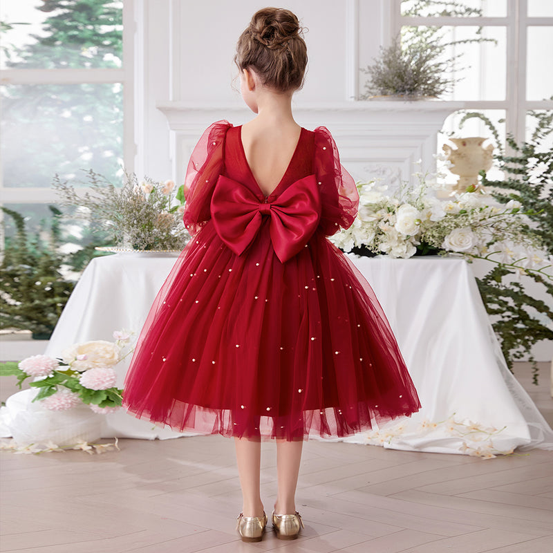 red dress and pearls Girls Red Tulle Party Wear Dress With Pearls Stitch – INCLUD