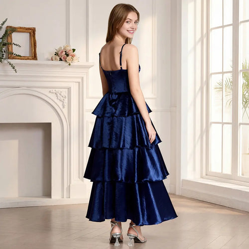 Girls Blue Sleeveless Tiered Party Dress With Spaghetti Straps Party Dresses