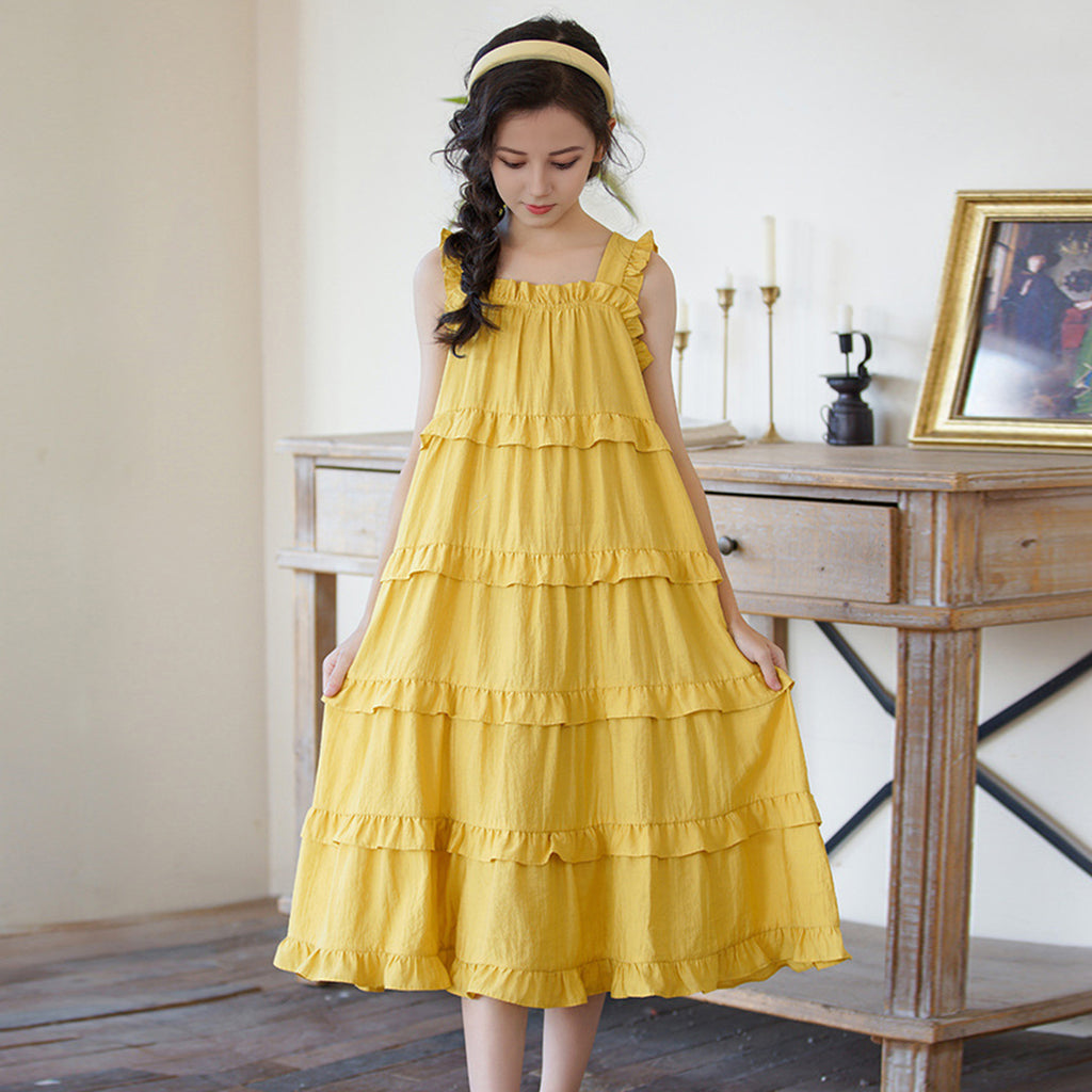 Girls Sleeveless Tiered Flared Dress Casual Dresses Yellow 6-7 Y 