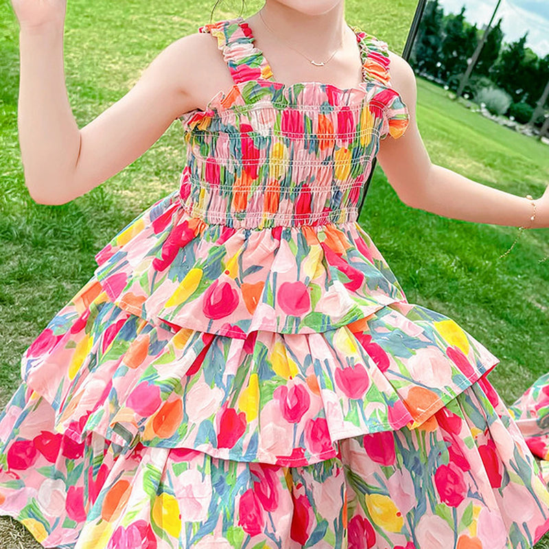 Girls Multicolor Floral Printed Sleeveless Smocked Layered Dress Casual Dresses