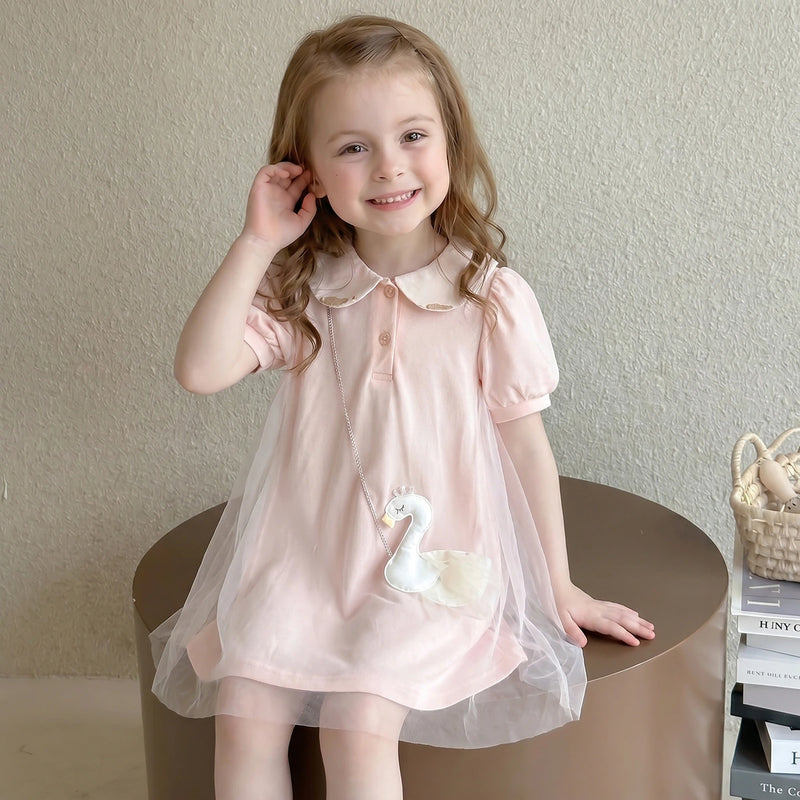 Girls Pink Swan Applique Tulle Overlay A-Line Dress Casual Dresses