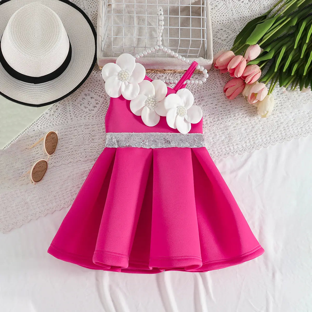 Girls Fuchsia One Shoulder Fit & Flare Party Wear Dress With 3D Flowers Appliques Party Dresses Fuchsia 2-3 Y