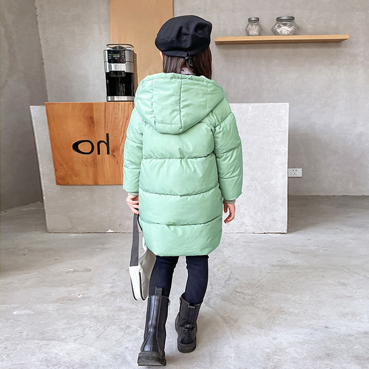 Girls Light Green Solid Puffer Hooded Down Jacket Coats & Jackets