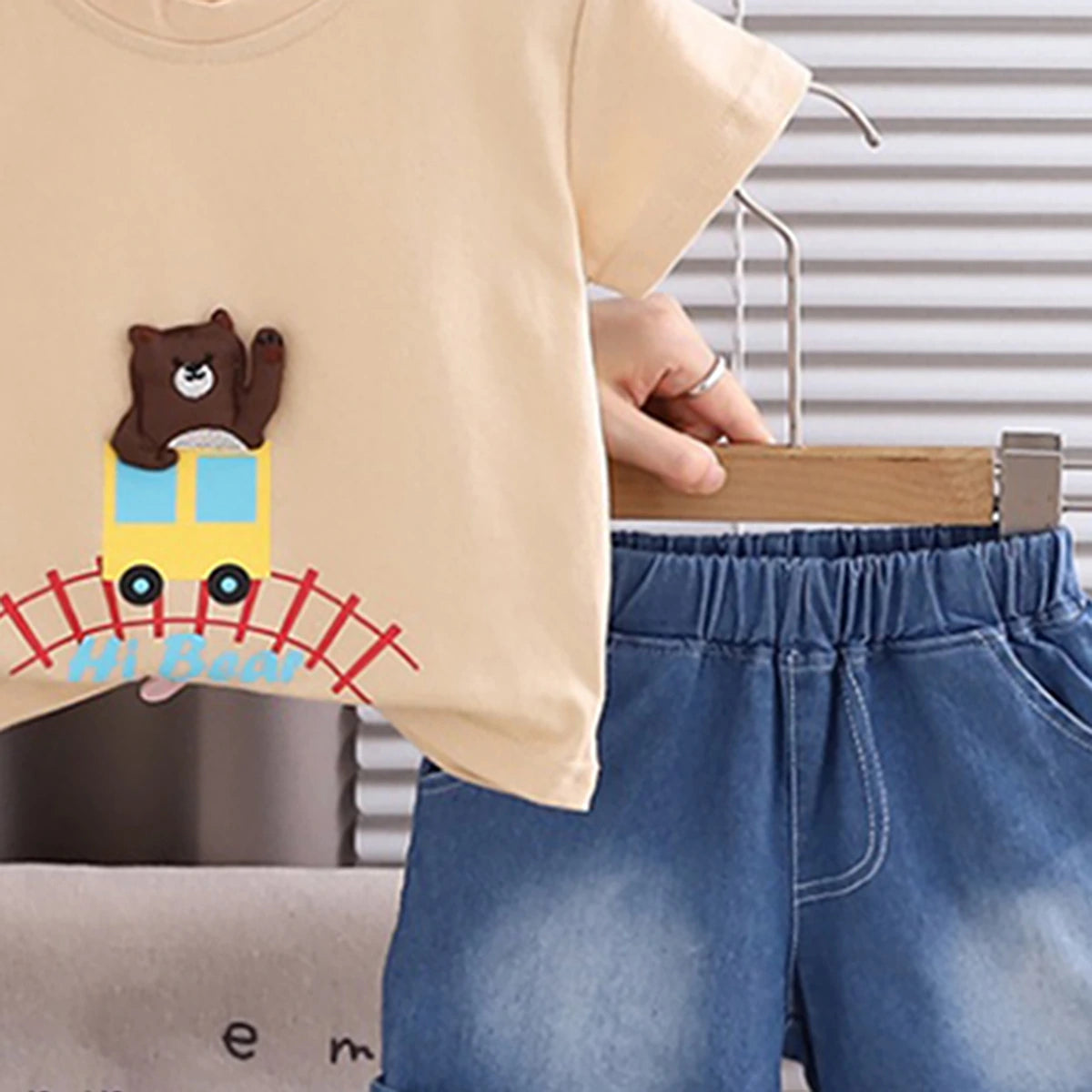 Boys Beige Bear Applique T-Shirt With Denim Shorts Sets 2 pc. Sets