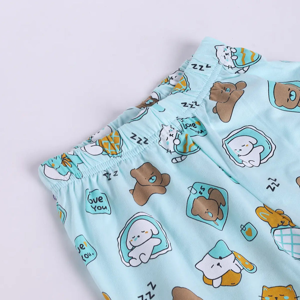 Girls Sea Green Bear Print Short Sleeve Shirt With Elasticated Pants Sets Sets