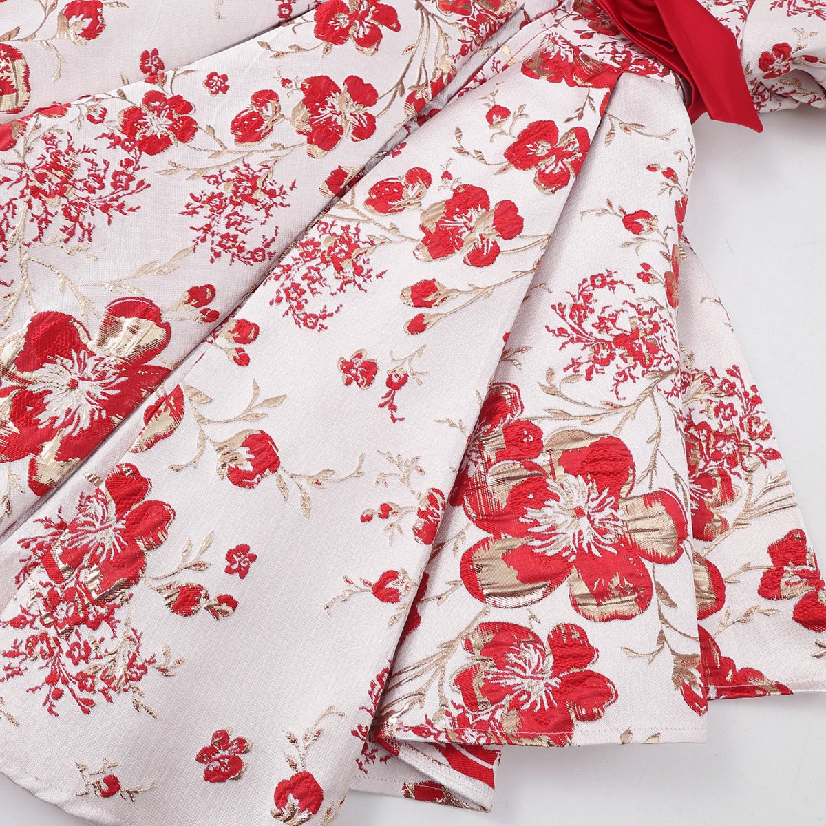 Girls Red Floral Print Puff Sleeves Fit & Flare Dress Party Dresses
