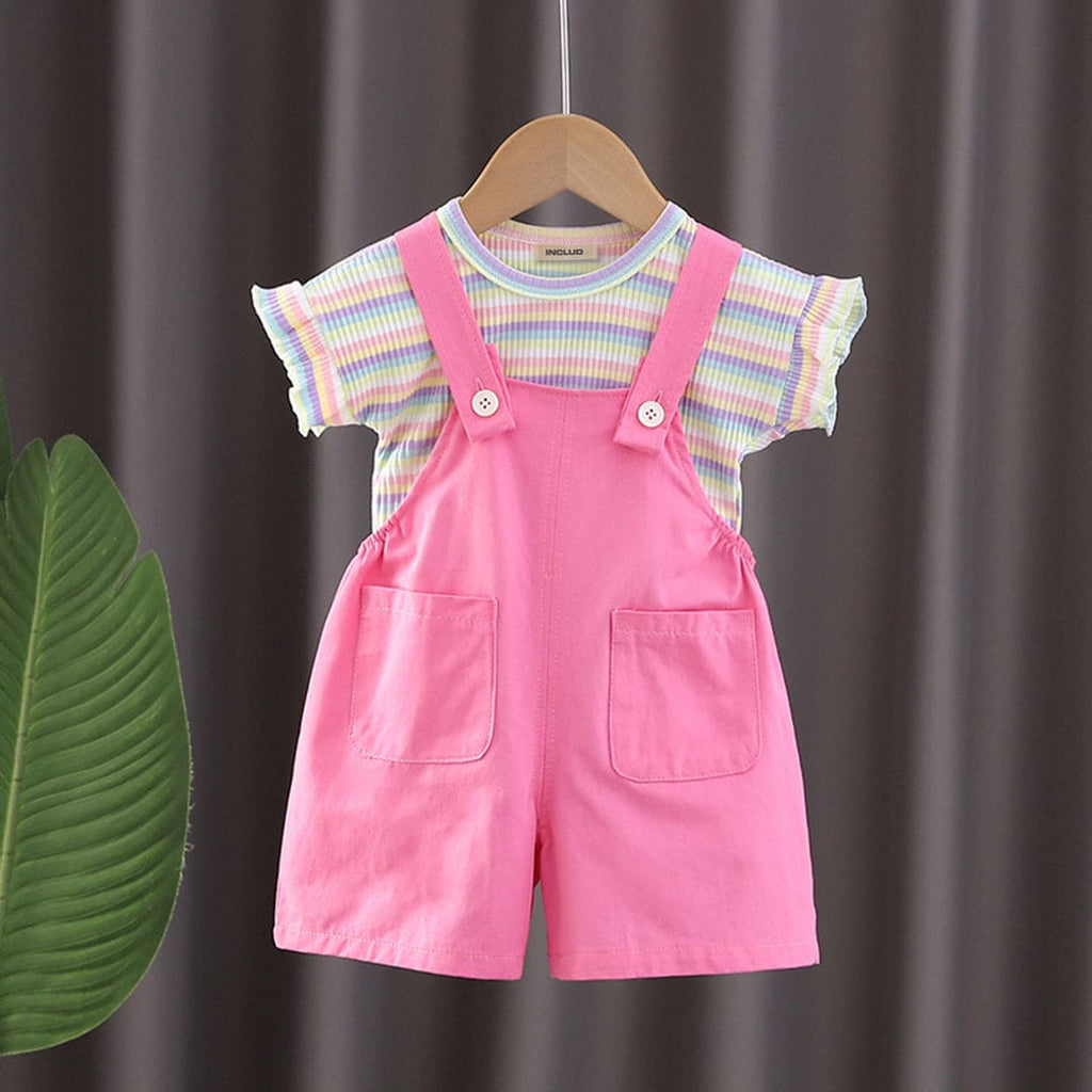 Girls Short Sleeve Striped T-Shirt With Dungaree Set