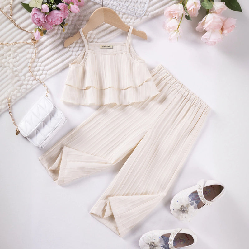 Girls Off White Self Stripes Sleeveless Tiered Top With Pants Co-ord Sets Sets Off White 1-2 Y
