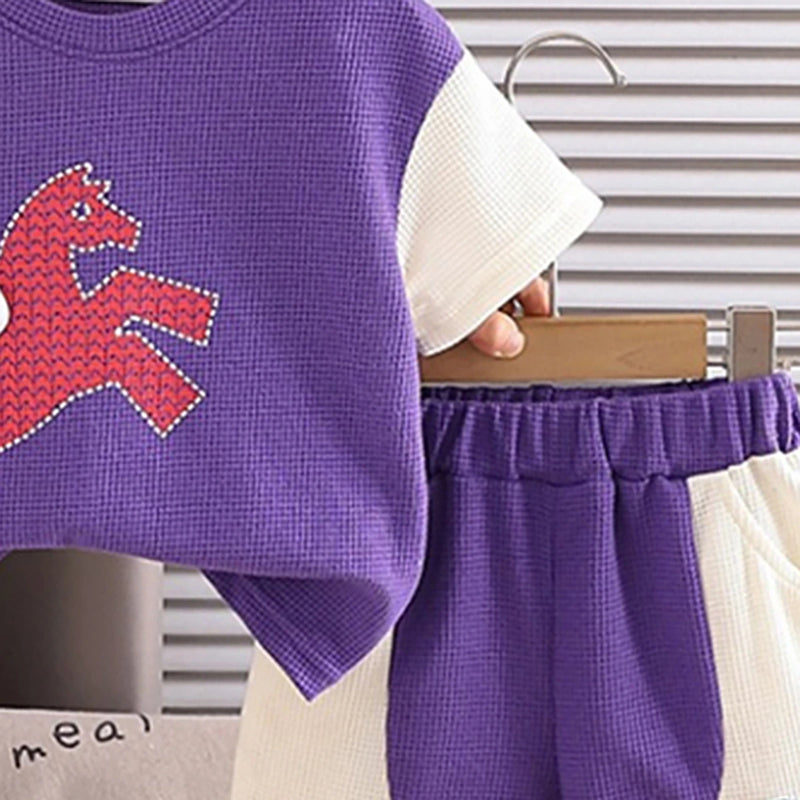 Boys Purple Horse Printed Short Sleeve T-Shirt With Elasticated Shorts Sets 2 pc. Sets