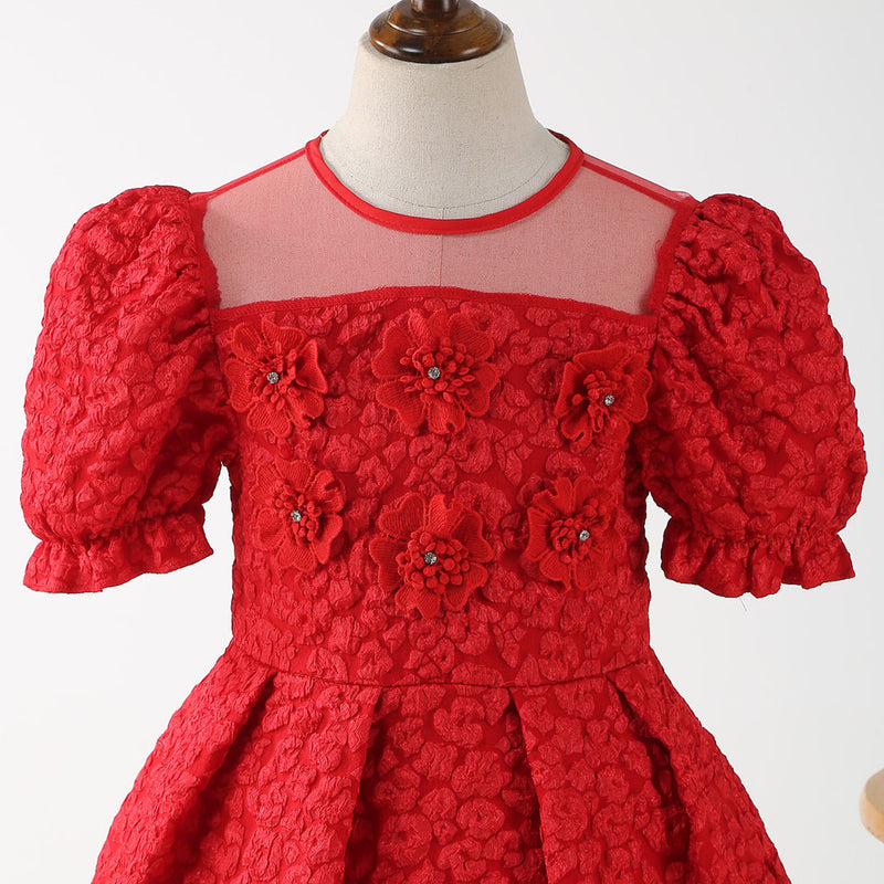 Girls Red Puff Sleeve Fit & Flare Textured Dress Casual Dresses