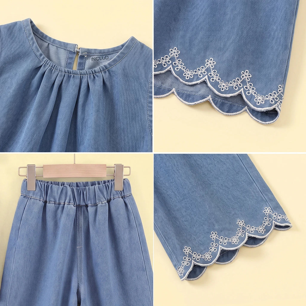 Girls Blue Denim Sleeveless Top with Pants Sets 2 pc. Sets