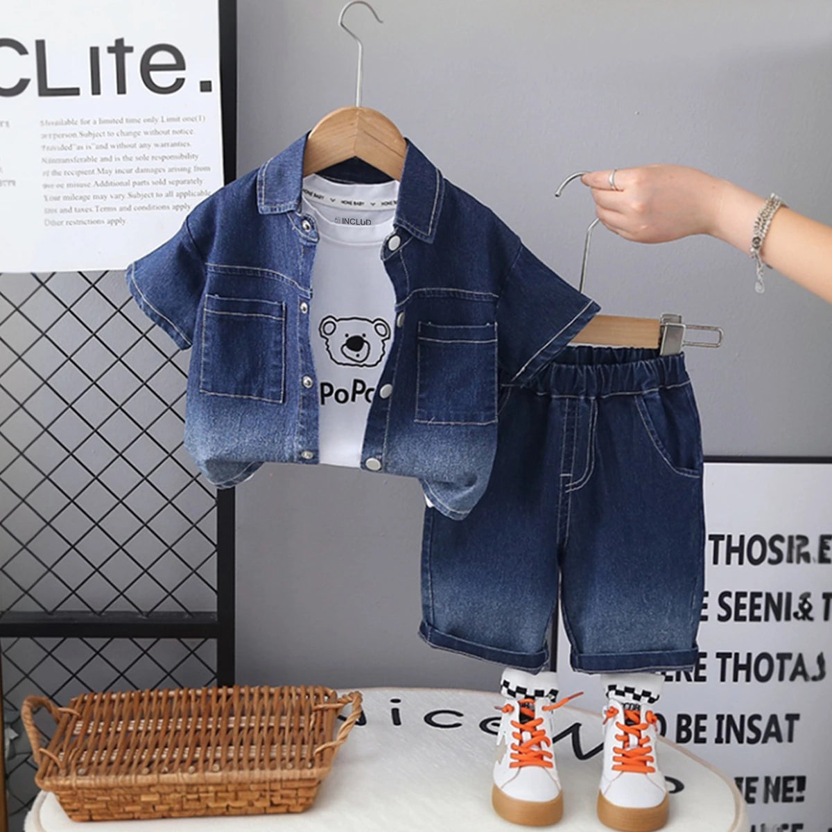 Boys Blue Short Sleeve Denim Shirt With Printed T-Shirt And Shorts Sets 3 pc. Sets Blue 1-2 Y