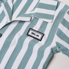 Boys Green Striped Short Sleeve Shirt With Graphic T-Shirt And Drawstring Shorts Sets Sets