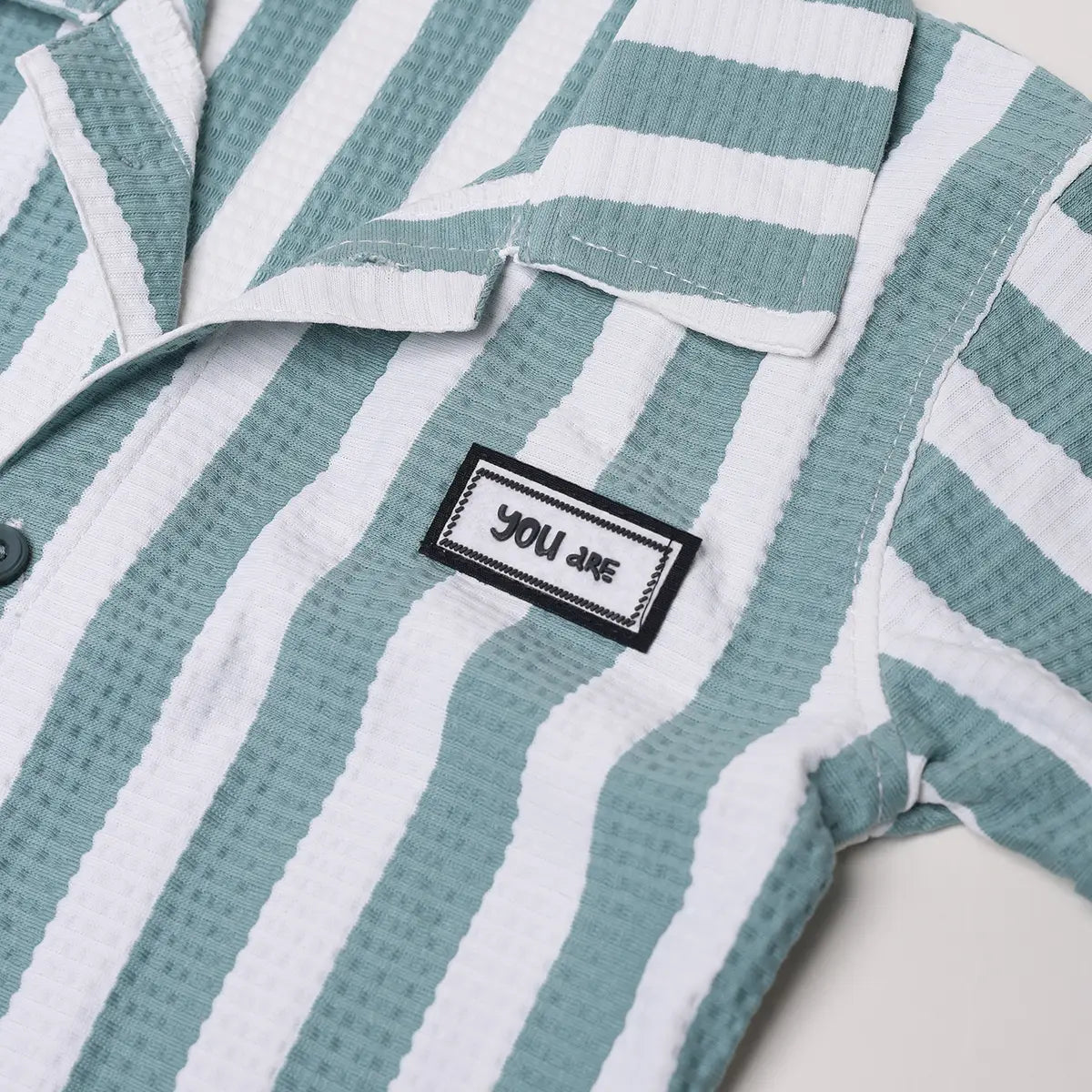 Boys Green Striped Short Sleeve Shirt With Graphic T-Shirt And Drawstring Shorts Sets Sets