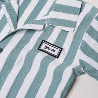 Boys Green Striped Short Sleeve Shirt With Graphic T-Shirt And Drawstring Shorts Sets Sets
