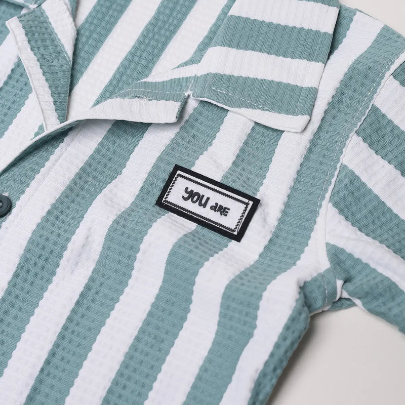 Boys Green Striped Short Sleeve Shirt With Graphic T-Shirt And Drawstring Shorts Sets Sets