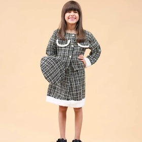 Girls Black Texture Crop Length Jacket With Skirt & Hat Set Sets