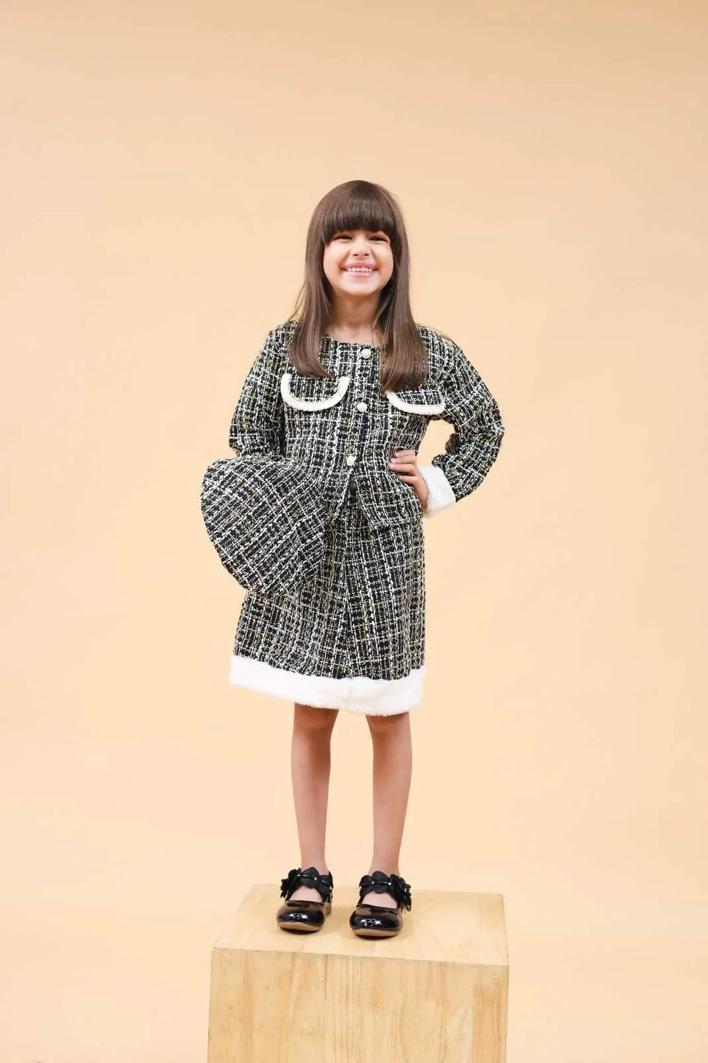 Girls Black Texture Crop Length Jacket With Skirt & Hat Set Sets