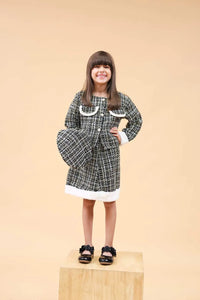 Girls Black Texture Crop Length Jacket With Skirt & Hat Set Sets