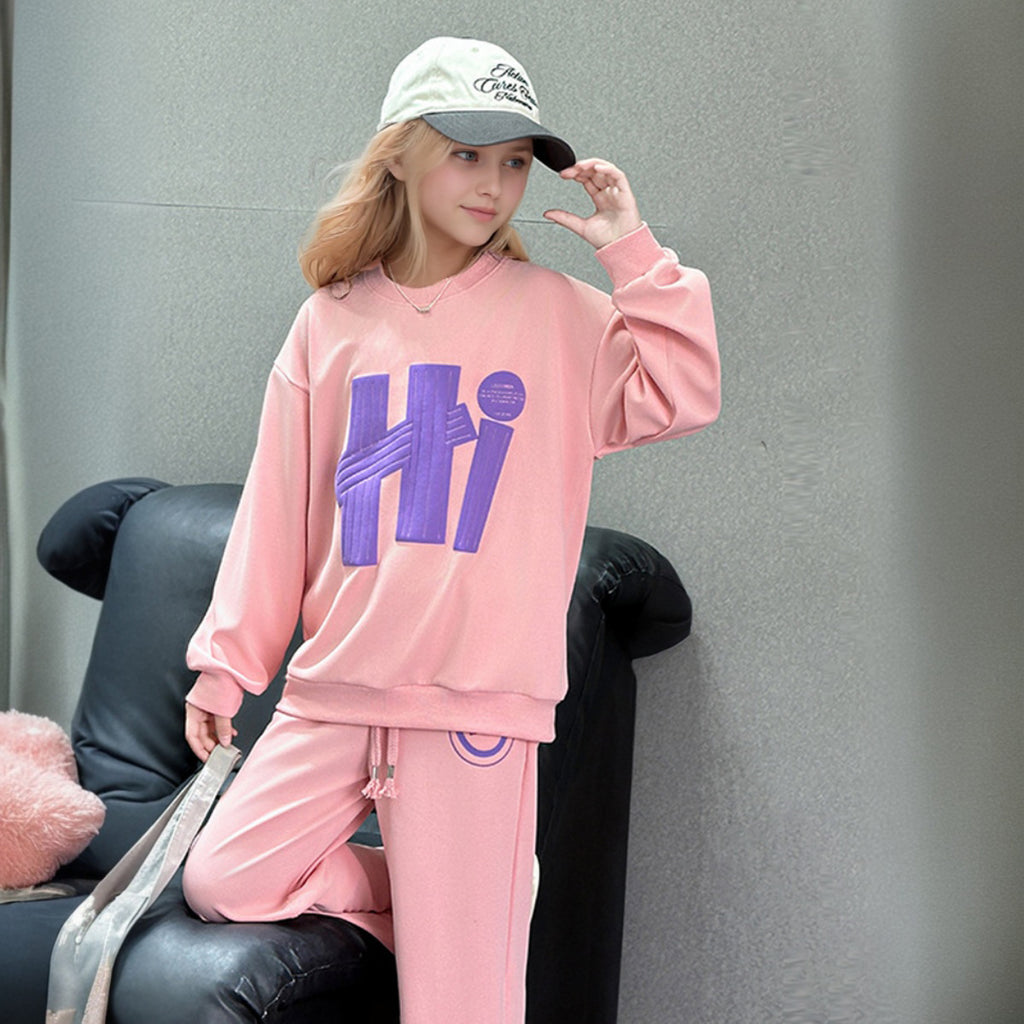 Girls Pink Printed Winter Sweatshirt With Pants Set 2 pc. Sets