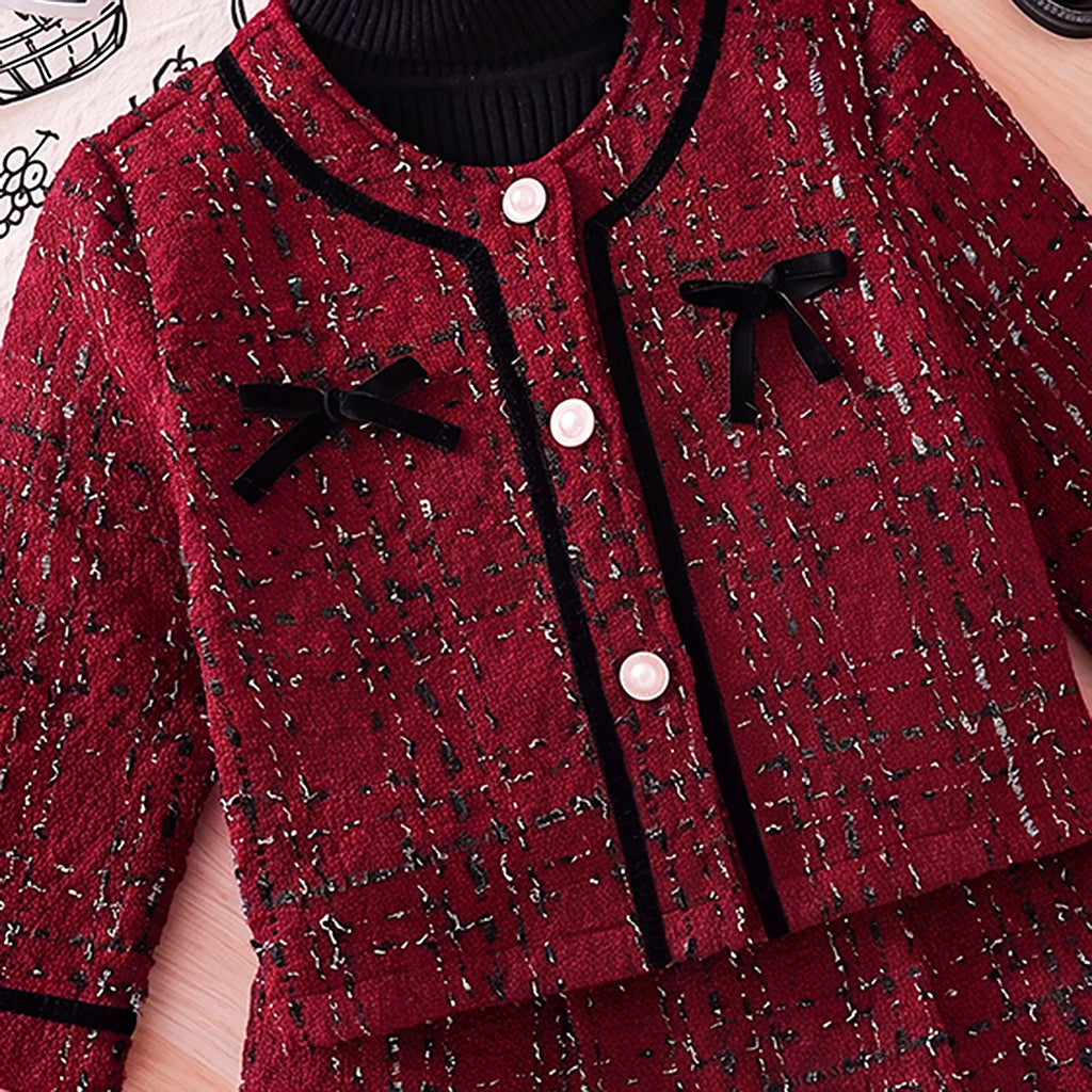 Girls Burgundy Checked Long Sleeve Jacket With Skirt Sets 2 pc. Sets