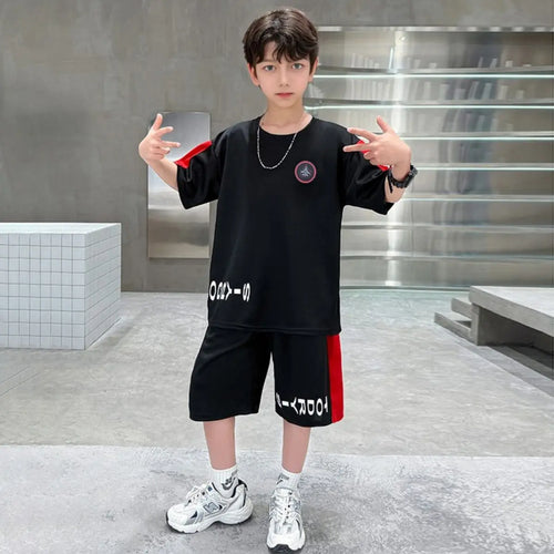 Boys Black Typographic Printed Oversized T-Shirt With Shorts Sets Sets Black 5-6 Y