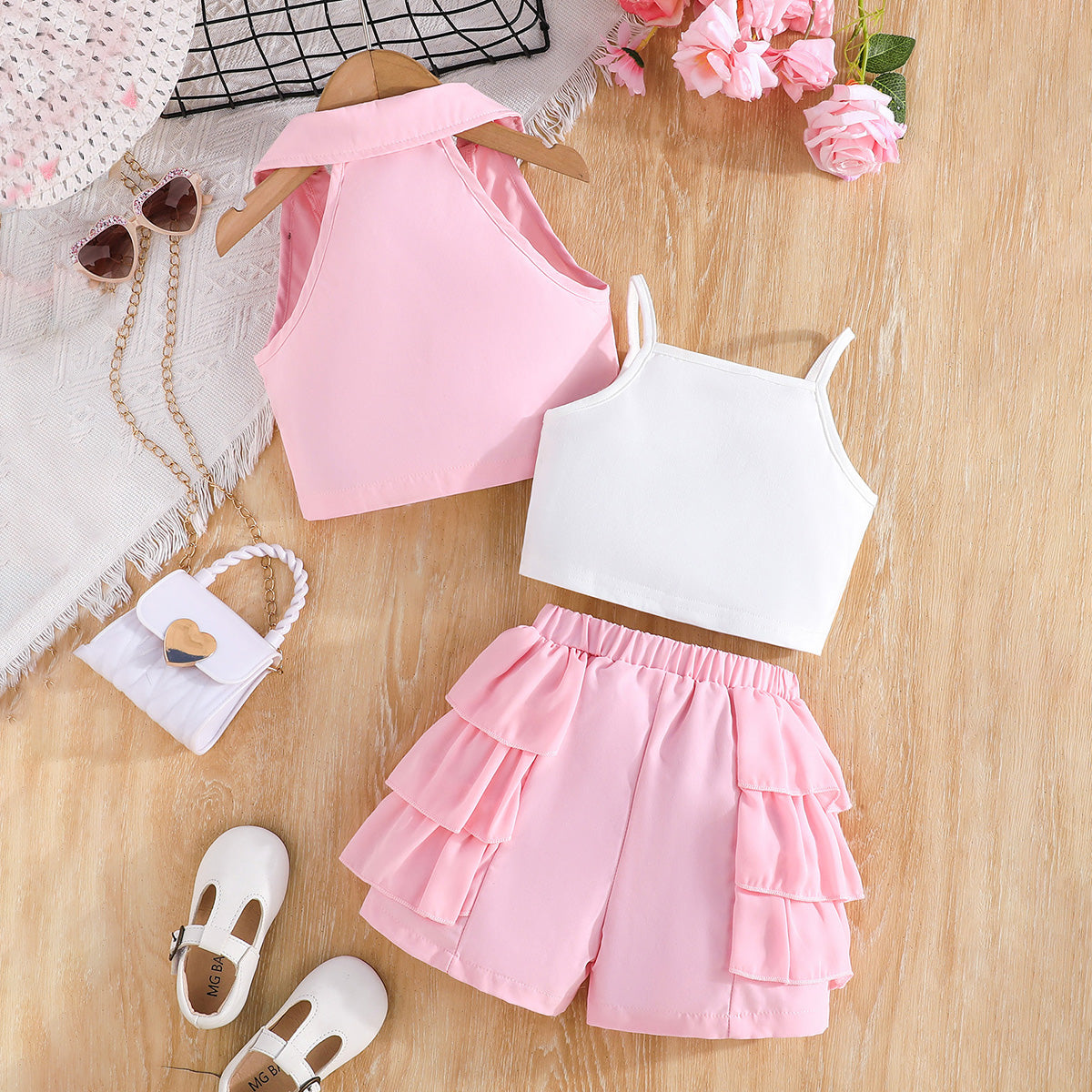 Girls Pink Waistcoat with Spaghetti Top & Tiered Ruffle Shorts Set 3 pc. Sets