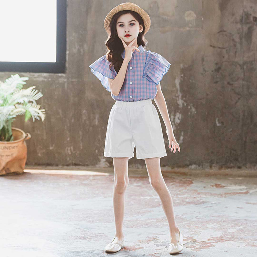 Girls Flared Sleeve Plaid Top With Shorts Set