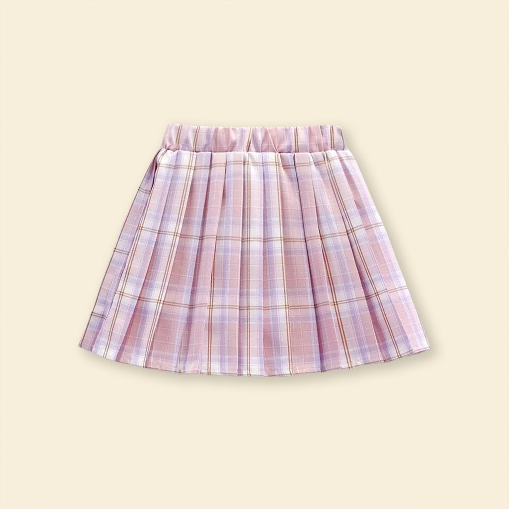 Girls Printed T-Shirt With Checkered Print Skirt Sets   