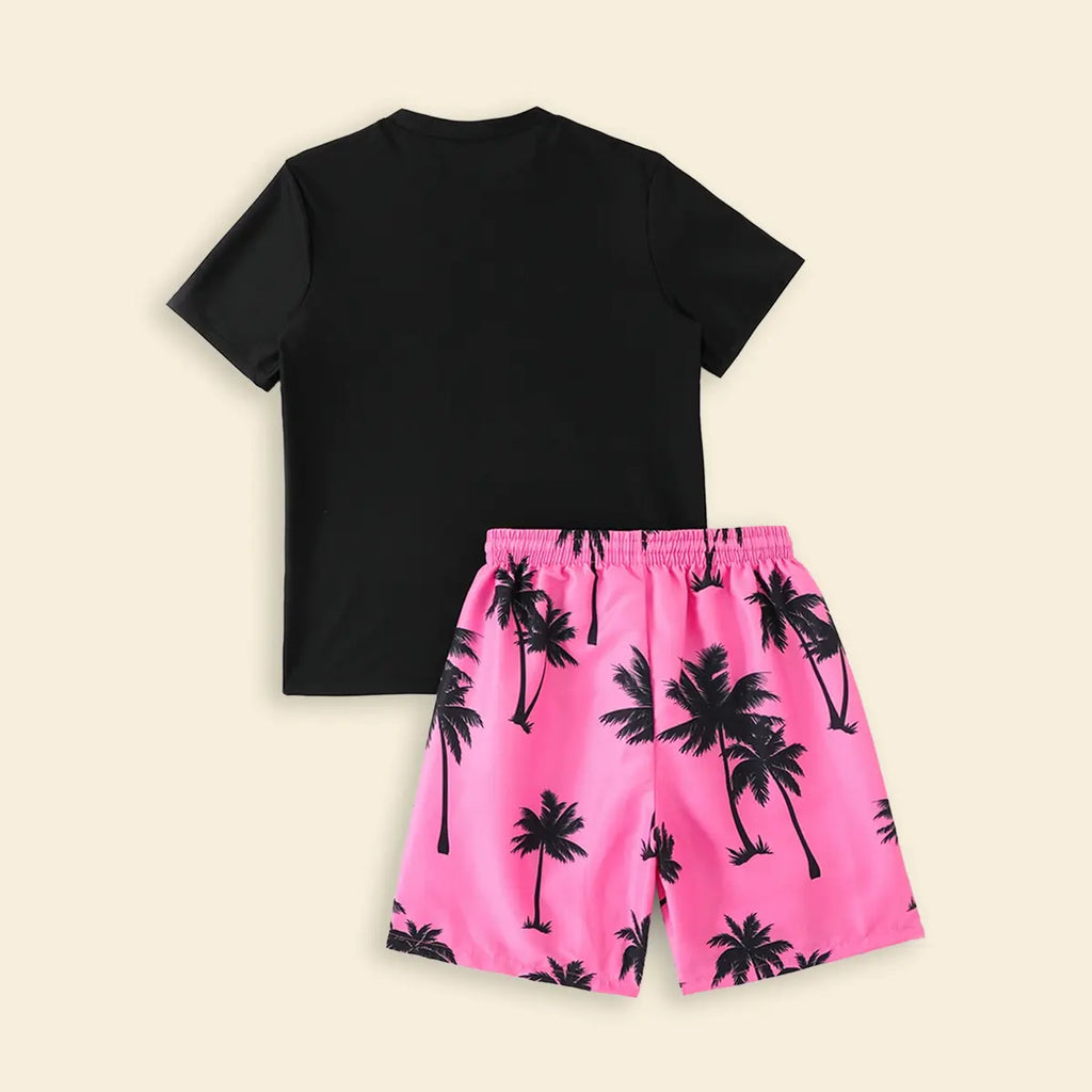 Boys Black Tropical Printed Short Sleeves T-Shirt & Shorts Swimsuit Sets Sets