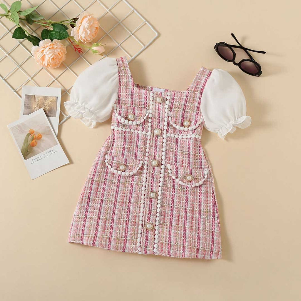 Girls Texture Puff Sleeves Square Neck Dress
