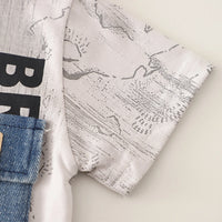 Boys Beige Typographic Printed Short Sleeve T-Shirt With Denim Shorts Sets 2 pc. Sets