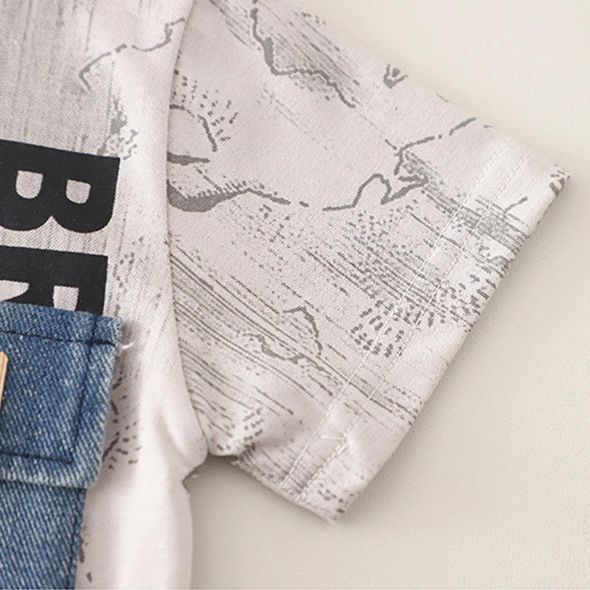 Boys Beige Typographic Printed Short Sleeve T-Shirt With Denim Shorts Sets 2 pc. Sets