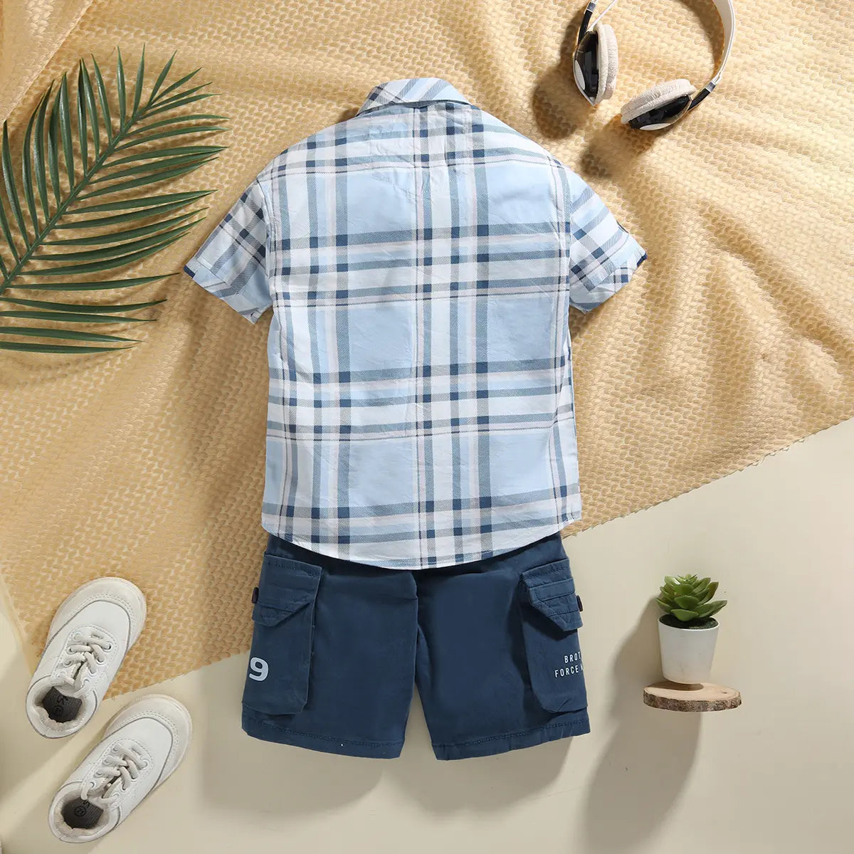 Boys Blue Checked Short Sleeves Shirt With Cargo Shorts & T-Shirt Sets Sets