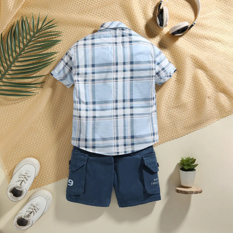 Boys Blue Checked Short Sleeves Shirt With Cargo Shorts & T-Shirt Sets Sets