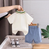 Boys Off White Typographic Short Sleeve Polo T-Shirt With Denim Shorts Sets 2 pc. Sets