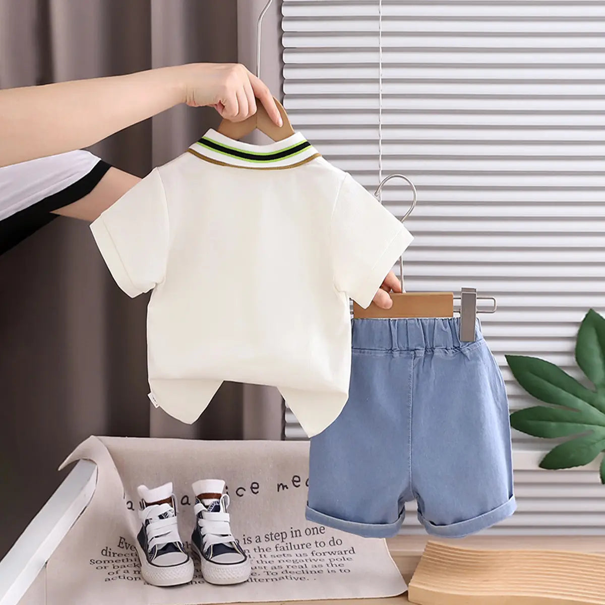 Boys Off White Typographic Short Sleeve Polo T-Shirt With Denim Shorts Sets 2 pc. Sets