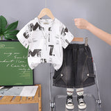 Boys Printed Short Sleeves T-Shirt With Black Denim Shorts Set