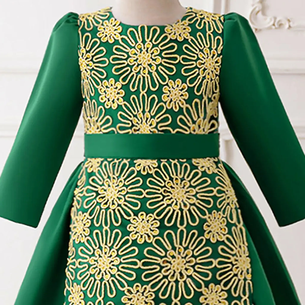 Girls Green Floral Embroidered Fit & Flare Dress Casual Dresses