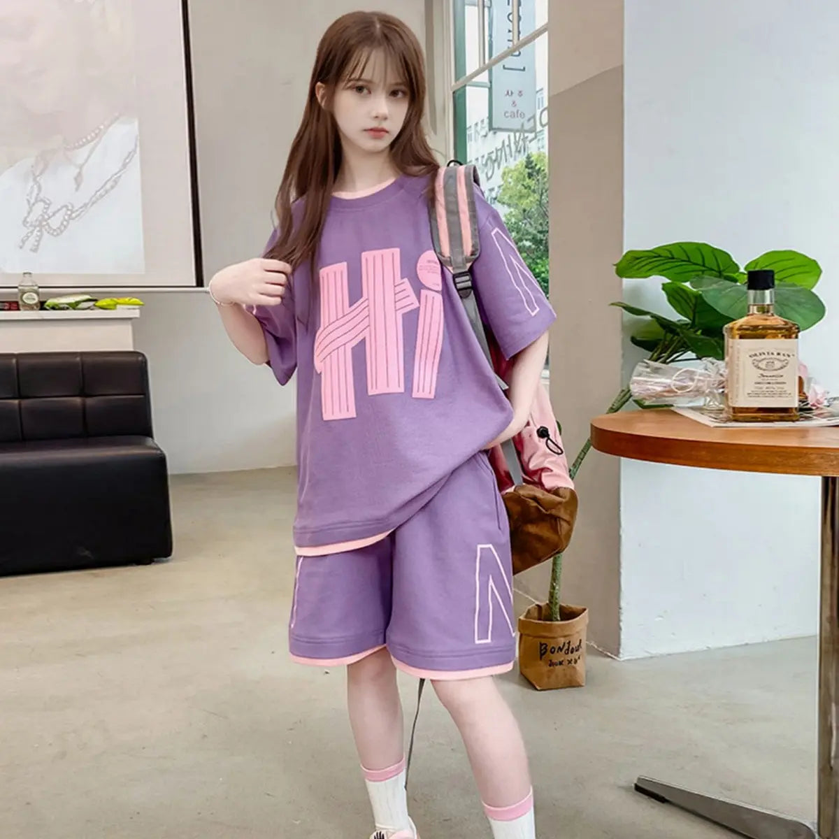 Girls Purple Typographic Printed Oversized T-Shirt With Shorts Set Sets Purple 5-6 Y