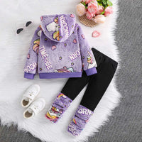 Girls Purple Self-Design Unicorn Patterns Hooded Fleece Sweatshirt With Legging Sets 2 pc. Sets