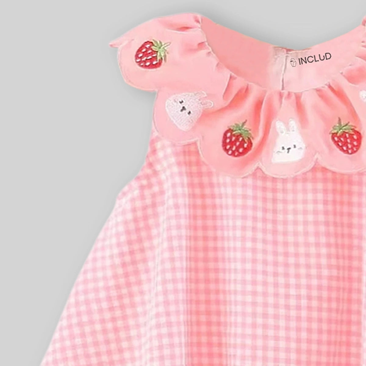 Girls Pink Checked Embroidered Ruffle Collar Sleeveless A-line Dress Casual Dresses